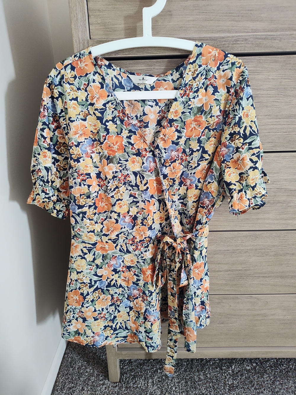Floral Wrap Tie Front Blouse - Navy with Orange & Yellow Flowers